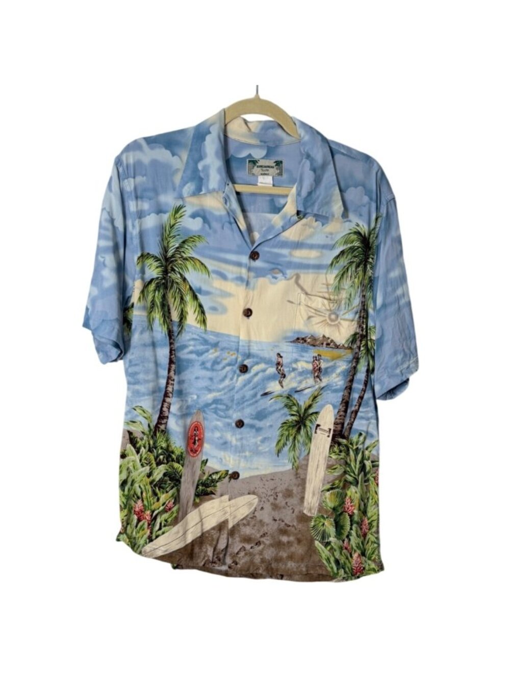 Vtg Kamehameha Mens Size L Hawaiian Shirt Surf Tropical Beach Waves Palm Blue
